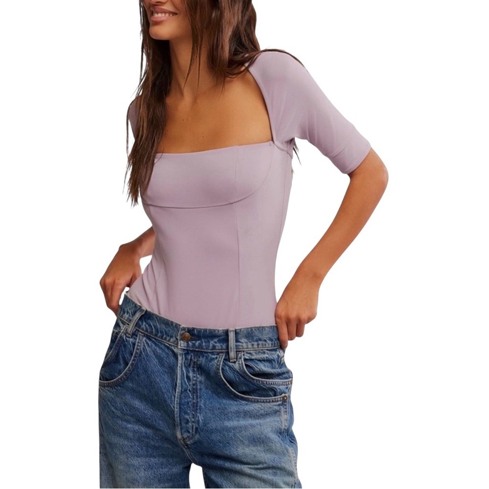 Free People Everly Lavender Square Neck Bodysuit Top NWT M L